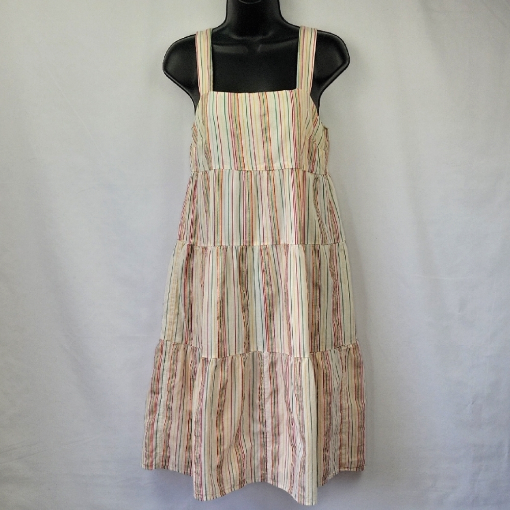 Madewell Button Back Tiered Dress with Textured Rainbow Stripes Size 0